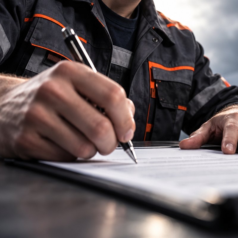 Main en tenue de travail signant un contrat